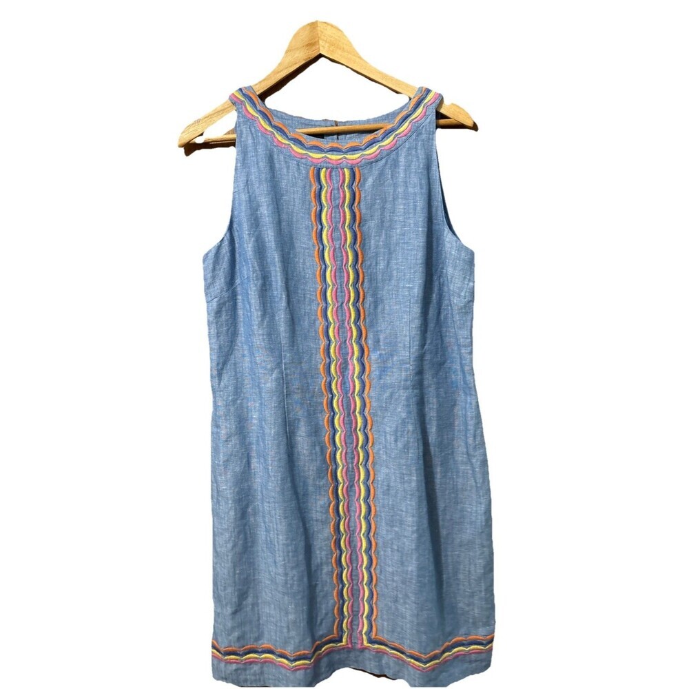 Talbots Linen Shift Dress 10P Chambray Blue Rainbow Embroidered Scallop